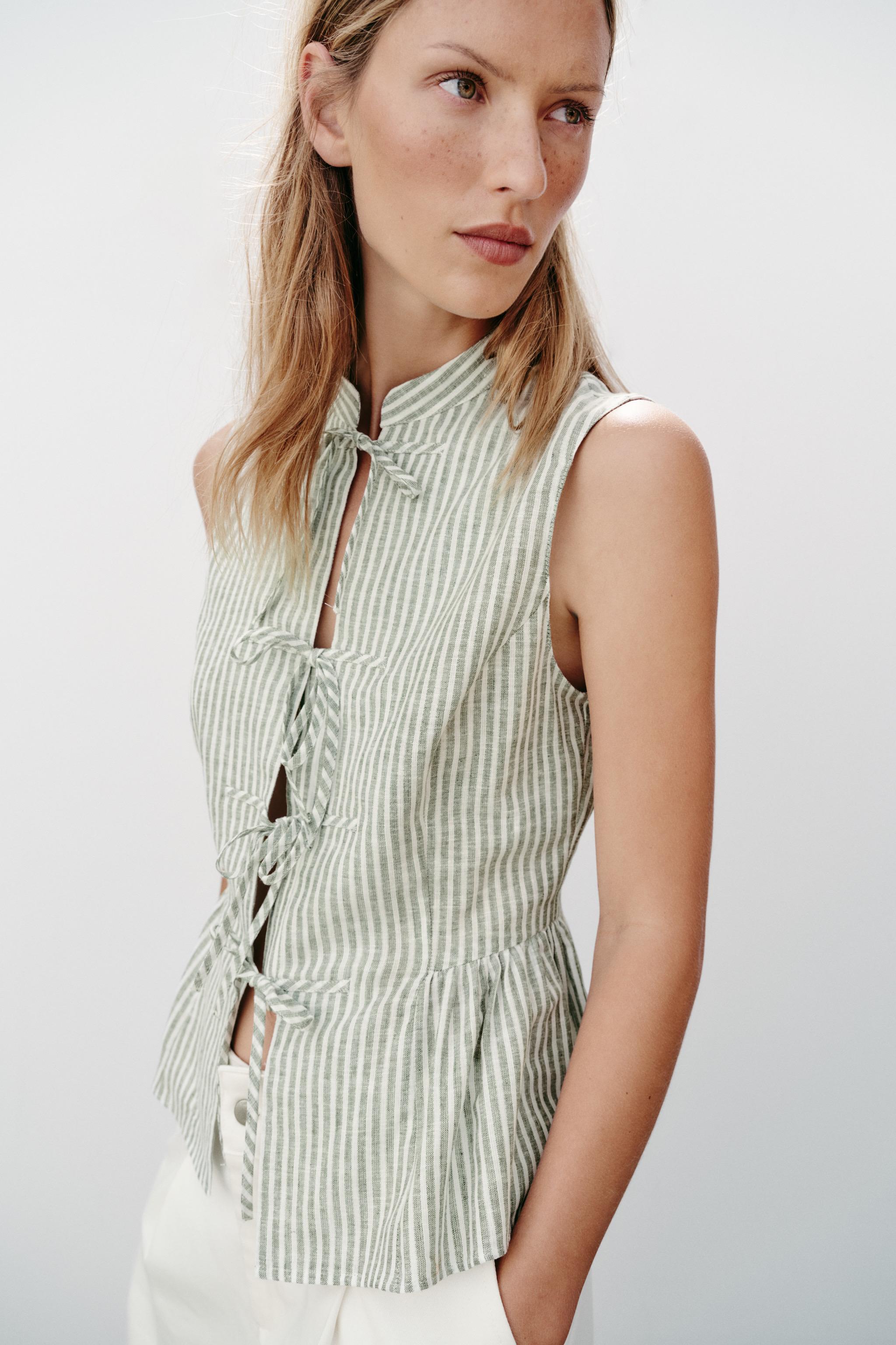 STRIPED METALLIC THREAD TIE TOP